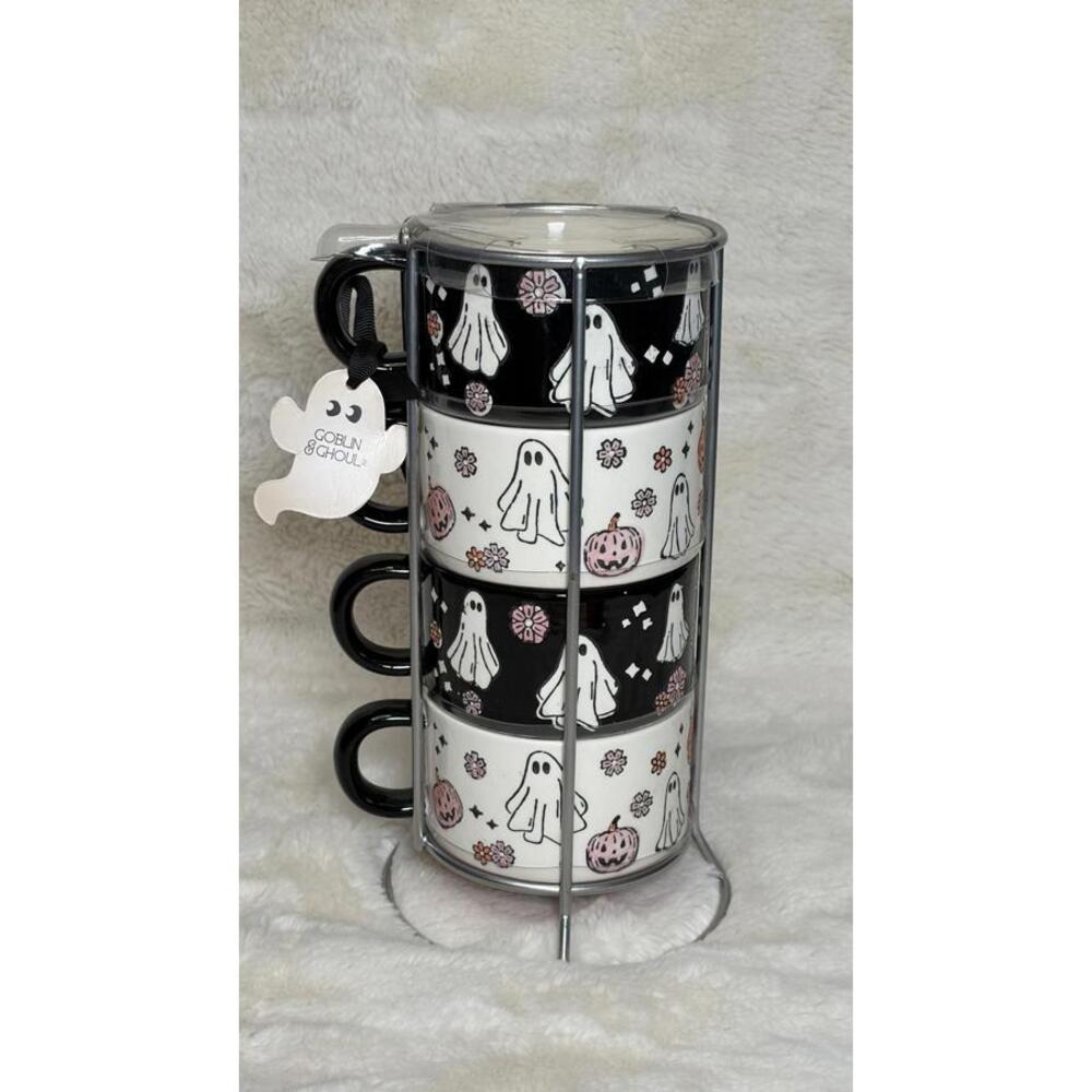 Goblin & Ghoul Ghost & Pumpkin Stacking Mug Set – Coffee Cups with Metal Stand